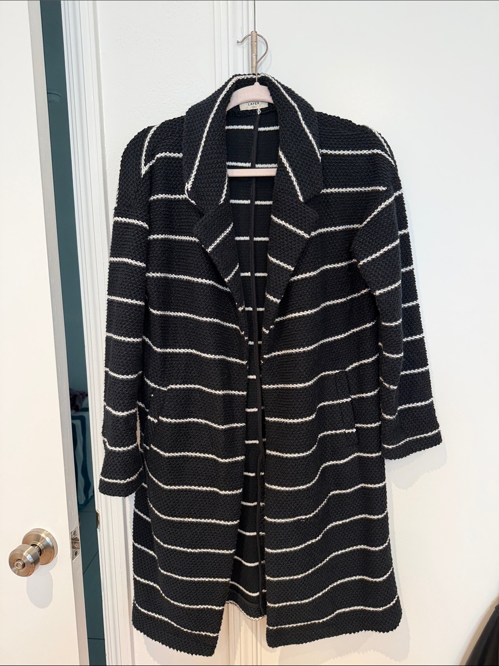Marine Layer Striped Black & White Long Knit Cardigan Sweater